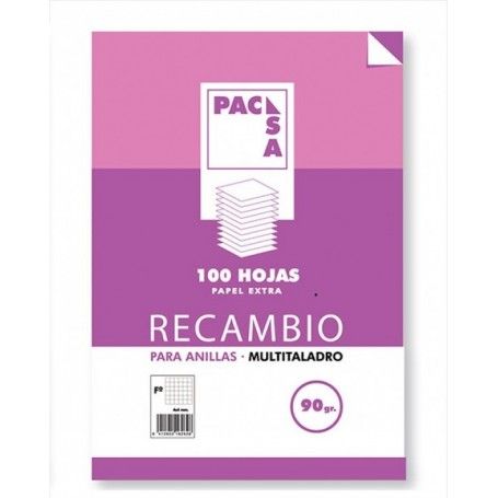 PACSA RECAMBIO FOLIO. 90GRS CUADRICULA 4X4. 4 TALADROS.